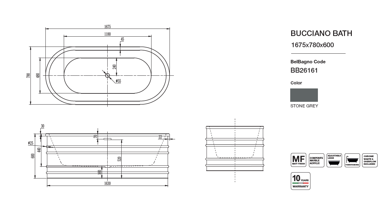 BUCCIANO 1675mm Non-overflow Freestanding Bathtub - Timeless Design for Your Bathroom