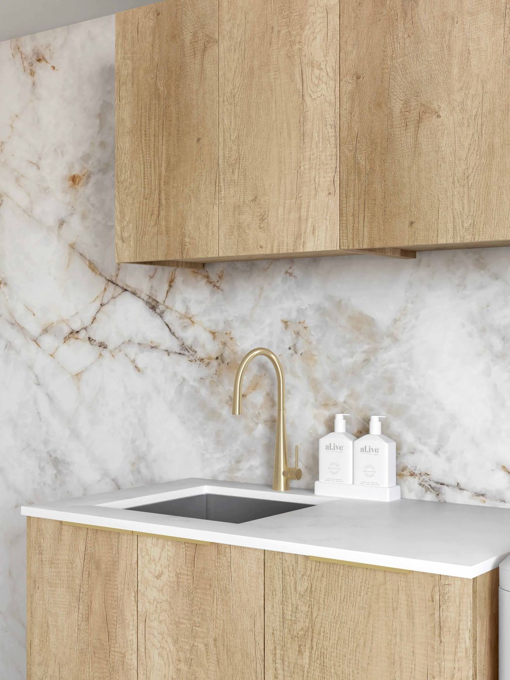 Byron Natural Oak Laundry Cabinet Set with Stone Top - 1715x600x2100mm (Style B), Great Deal!