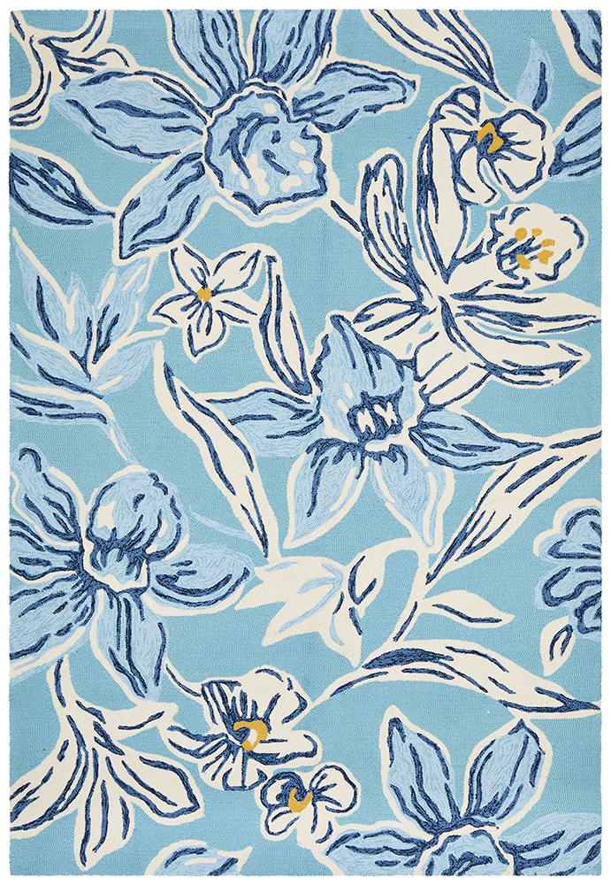 Copacabana Blue Floral Indoor Outdoor Rug - Easy Care & Fun