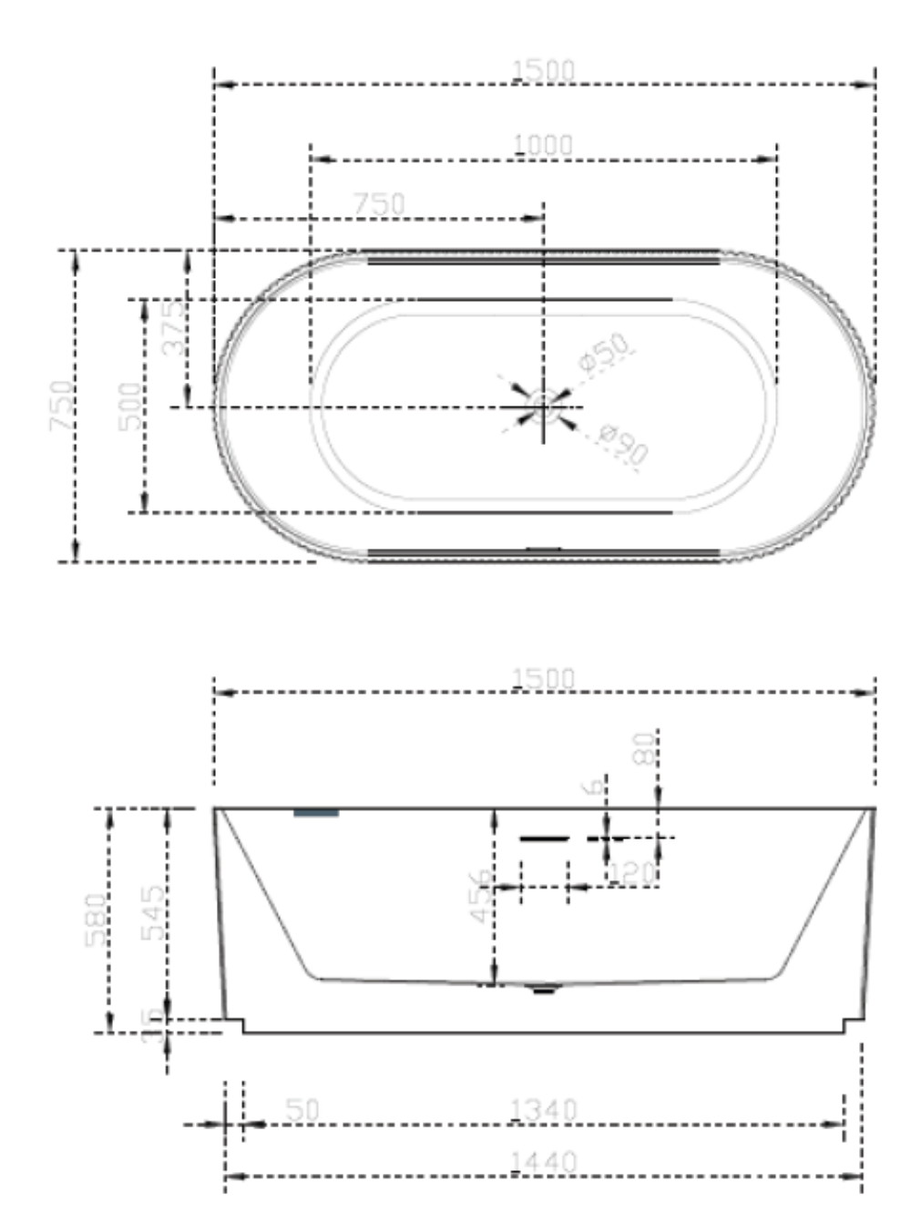 Hot Sale! Oslo Gloss White Free-Standing V-Groove Oval Bathtub (1500/1700mm)