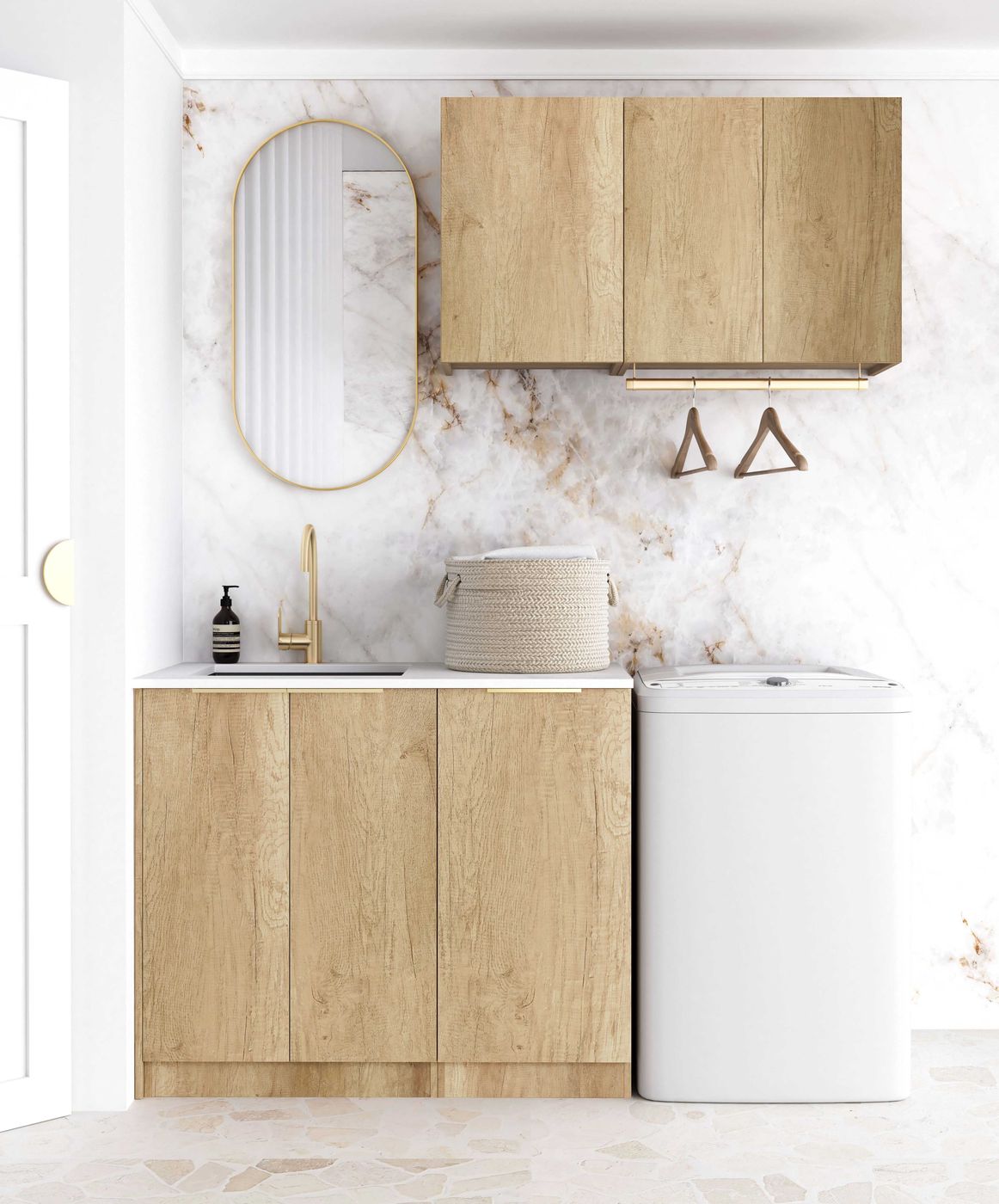 Byron 1715x600x2100mm Natural Oak Laundry Cabinet Set with Stone Top (Style A)