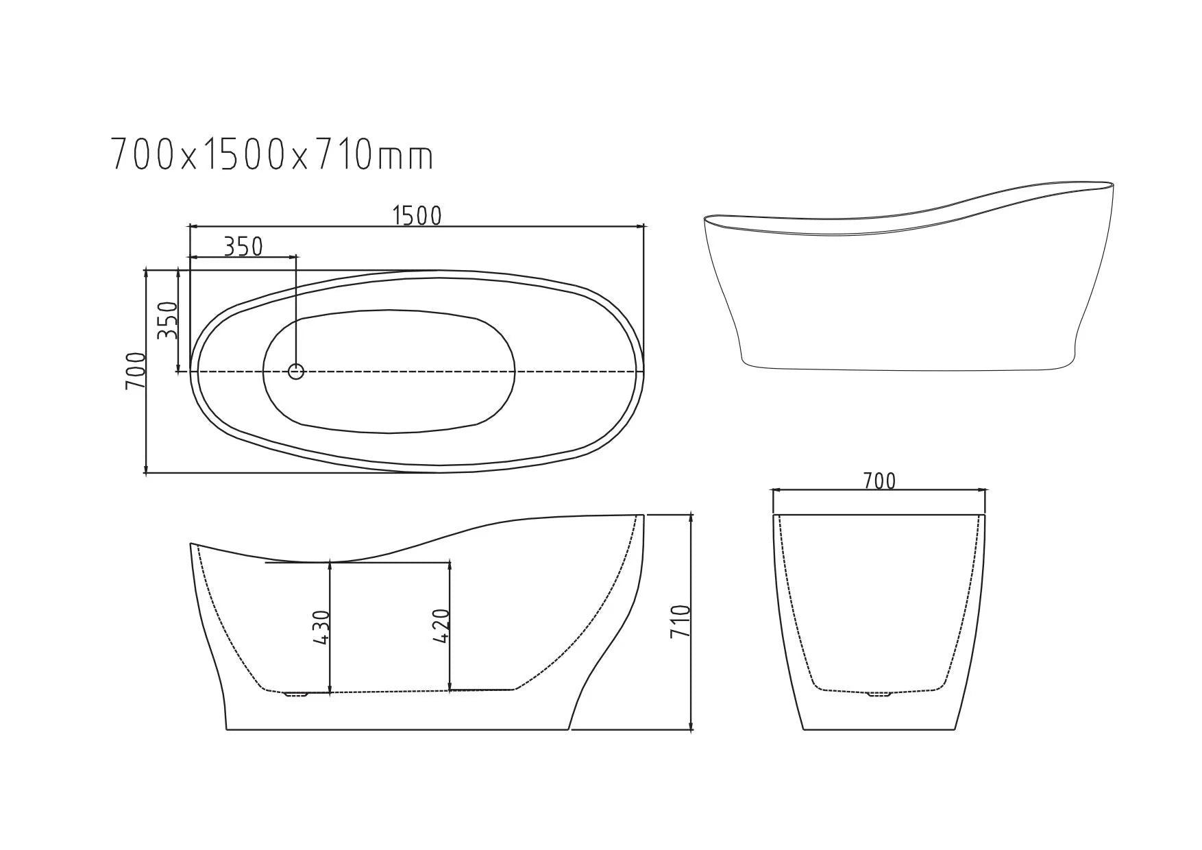 Clara Glossy White Freestanding Bathtub Available in 1500mm and 1700mm Sizes
