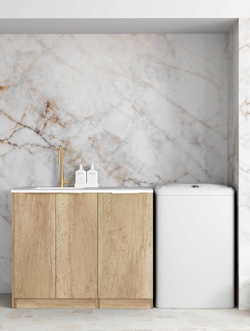 Byron Natural Oak Laundry Cabinet Set with Stone Top - 1060x600x2100mm (Great Deal!)