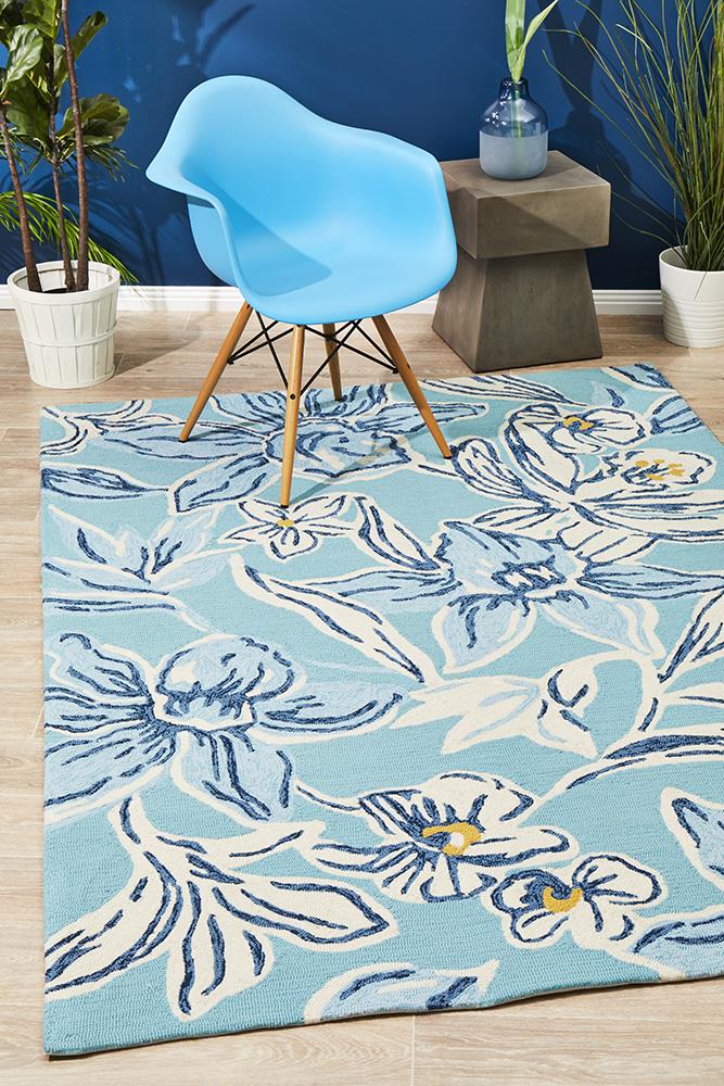 Copacabana Blue Floral Indoor Outdoor Rug - Easy Care & Fun
