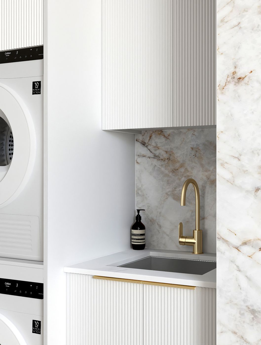 Hot Deal! BURLEIGH White Laundry Cabinet Set with Stone Top, 1305x600x2100mm (Style C)