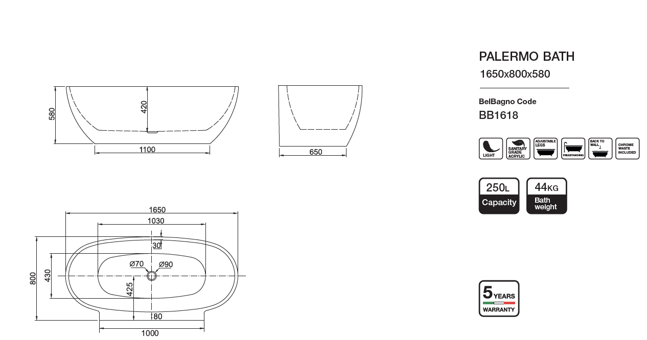 PALERMO High - Quality Freestanding Non - overflow Bathtub Available in 1650mm and 1750mm Sizes