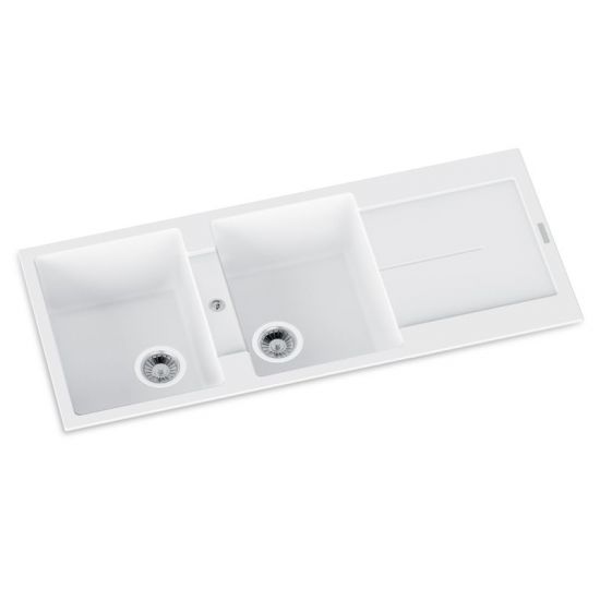 Carysil White Granite Double - Bowl Kitchen Laundry Sink with Drainer Board, Top Mount 1160x500x200mm - Great Value!