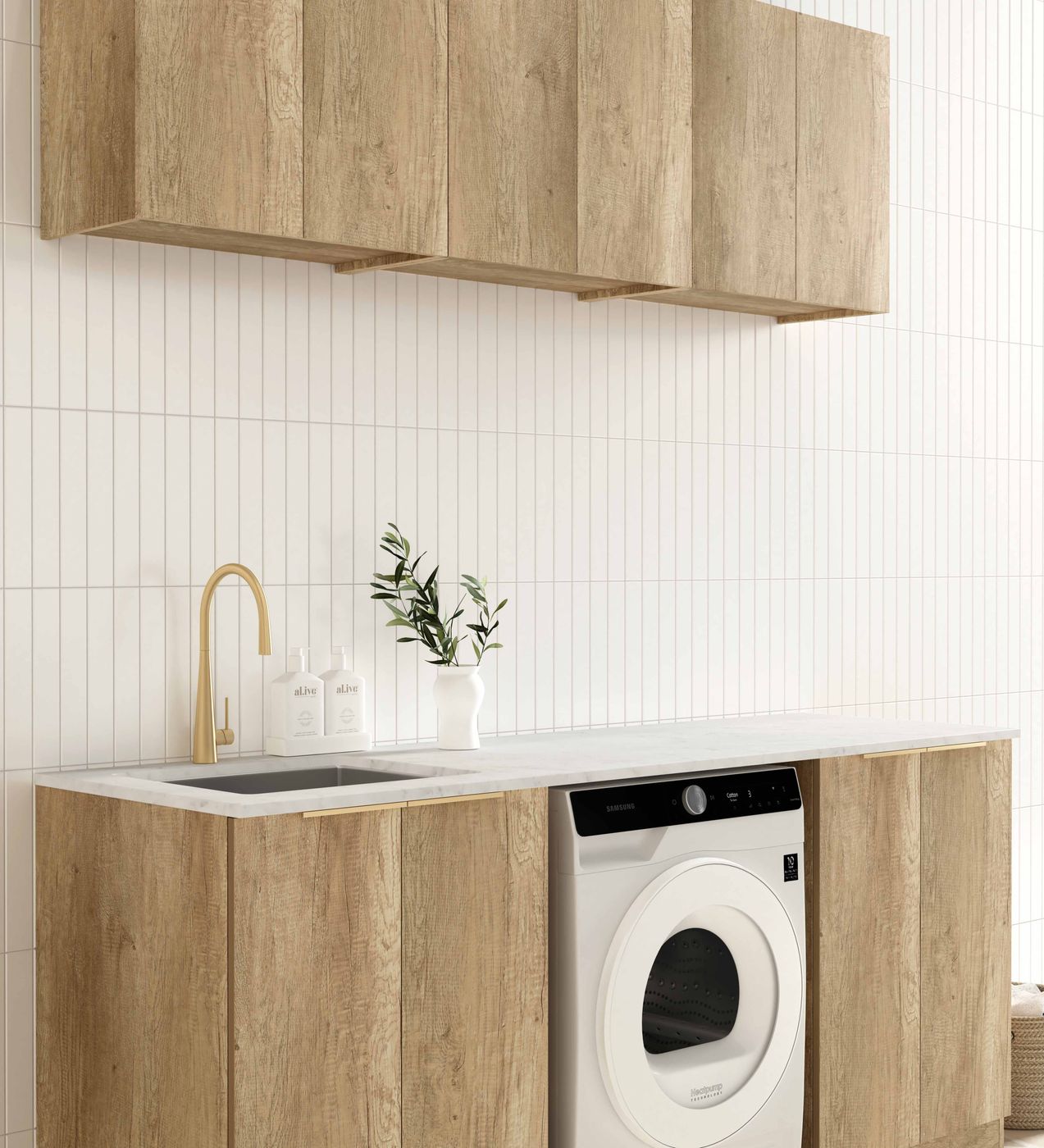 Hot Sale! Byron Natural Oak Style B Laundry Cabinet Set with Stone Top (1960x600x2100mm)
