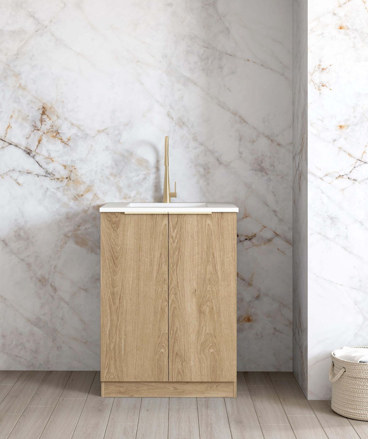 Hot Deal! Byron Mini Natural Oak Laundry Cabinet Set with Stone Top (Style A)