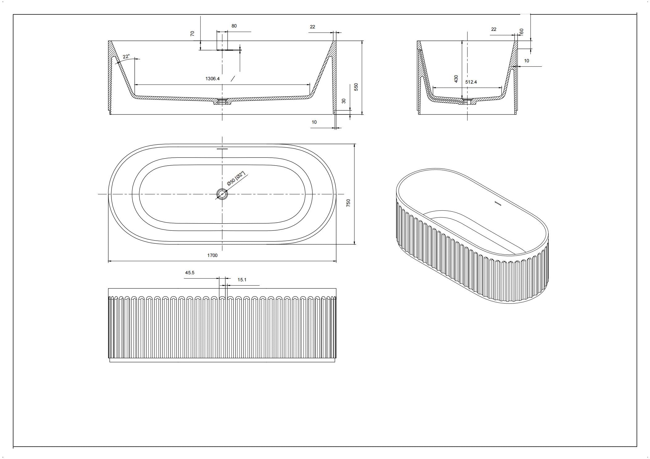 1700mm Oval Solid Surface Stone Bathtub with Overflow in Matte White