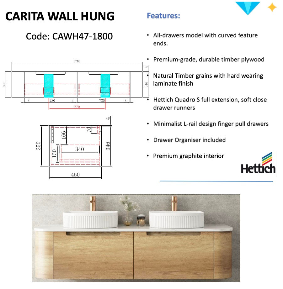 CARITA Natural Oak Wall-Hung Curved Vanity in All Sizes