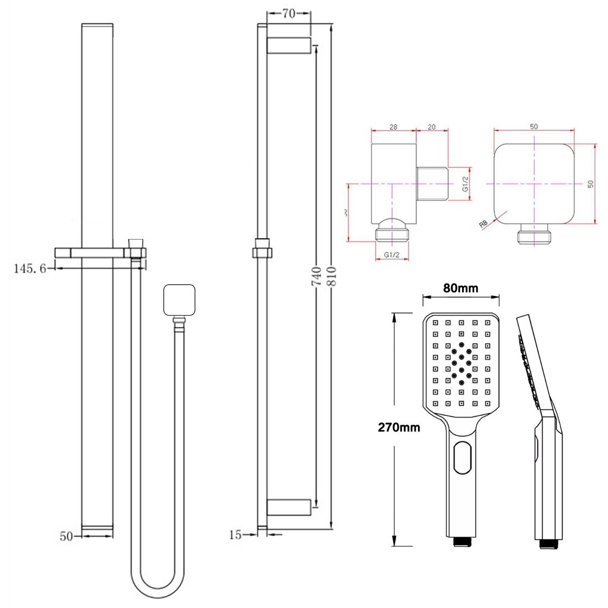 Chrome-Plated Square Handheld Shower Rail Set with 3 Functions