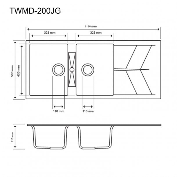 CARYSIL JAZZ Concrete Grey Double Kitchen Sink with Drainboard, 1160x500mm, German Engineered