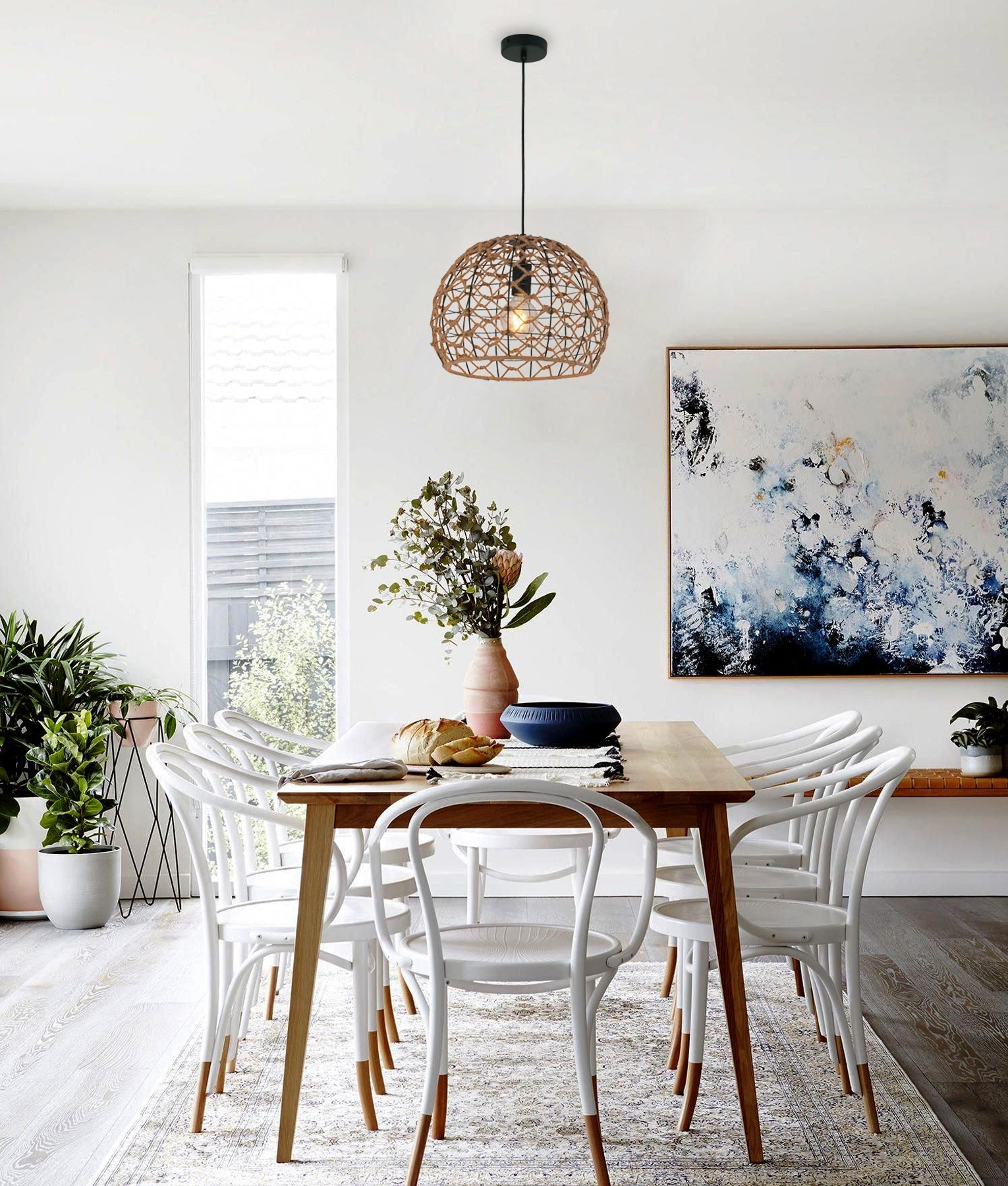 CANAMO: Bohemian Style Natural Hemp Rope & Black Hardware Dome Indoor Pendant Light