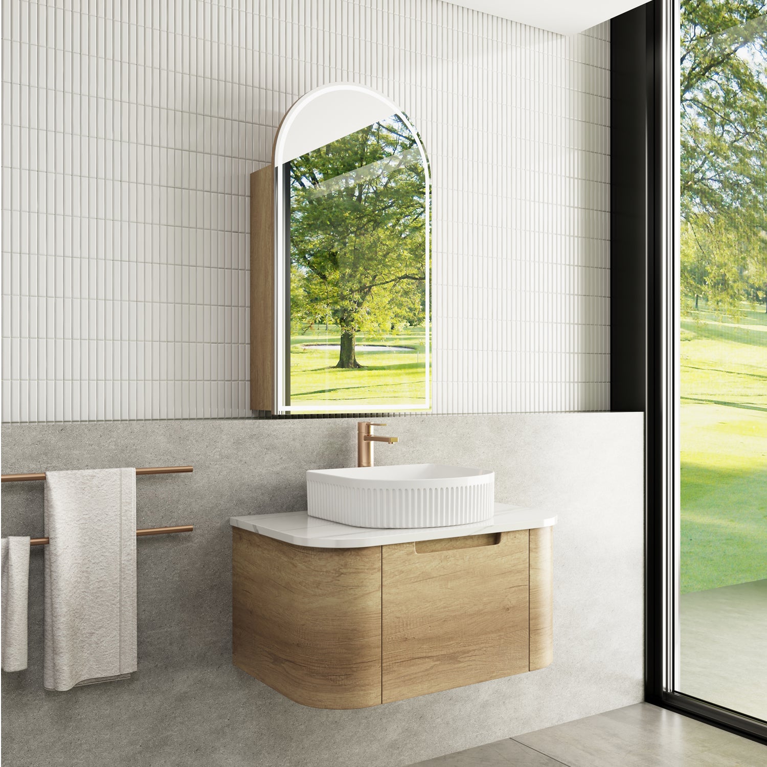 CARITA Natural Oak Wall-Hung Curved Vanity in All Sizes