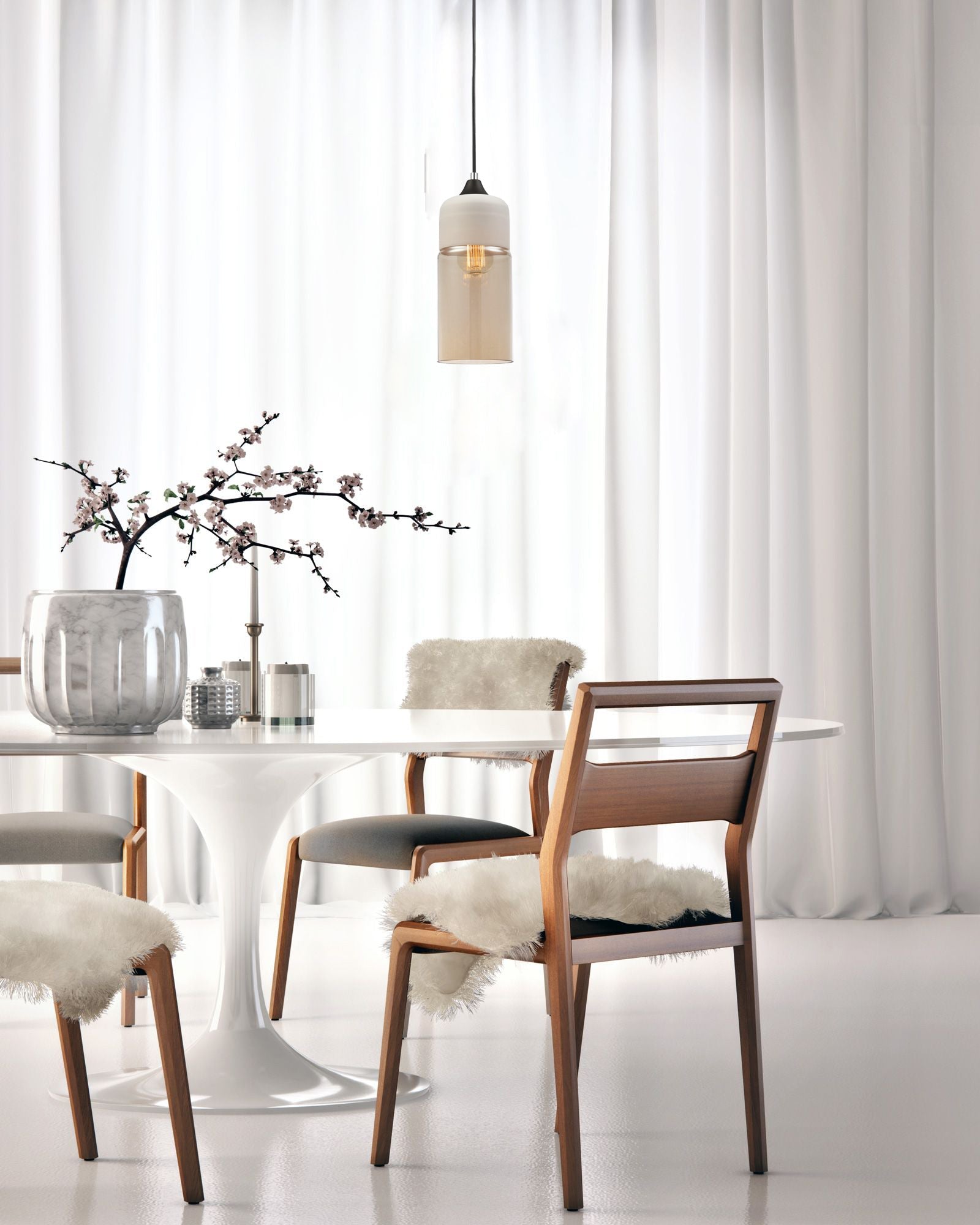 Retro-Style White Pendant Light with Amber Oblong Glass Shade