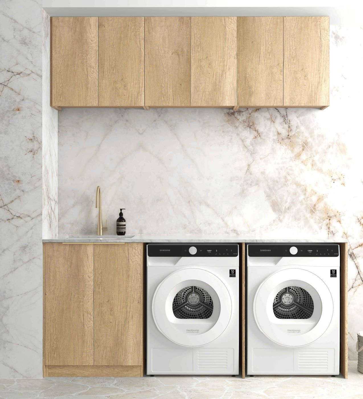 Byron 1960x600x2100mm Natural Oak Laundry Cabinet Set with Stone Top (Style A)