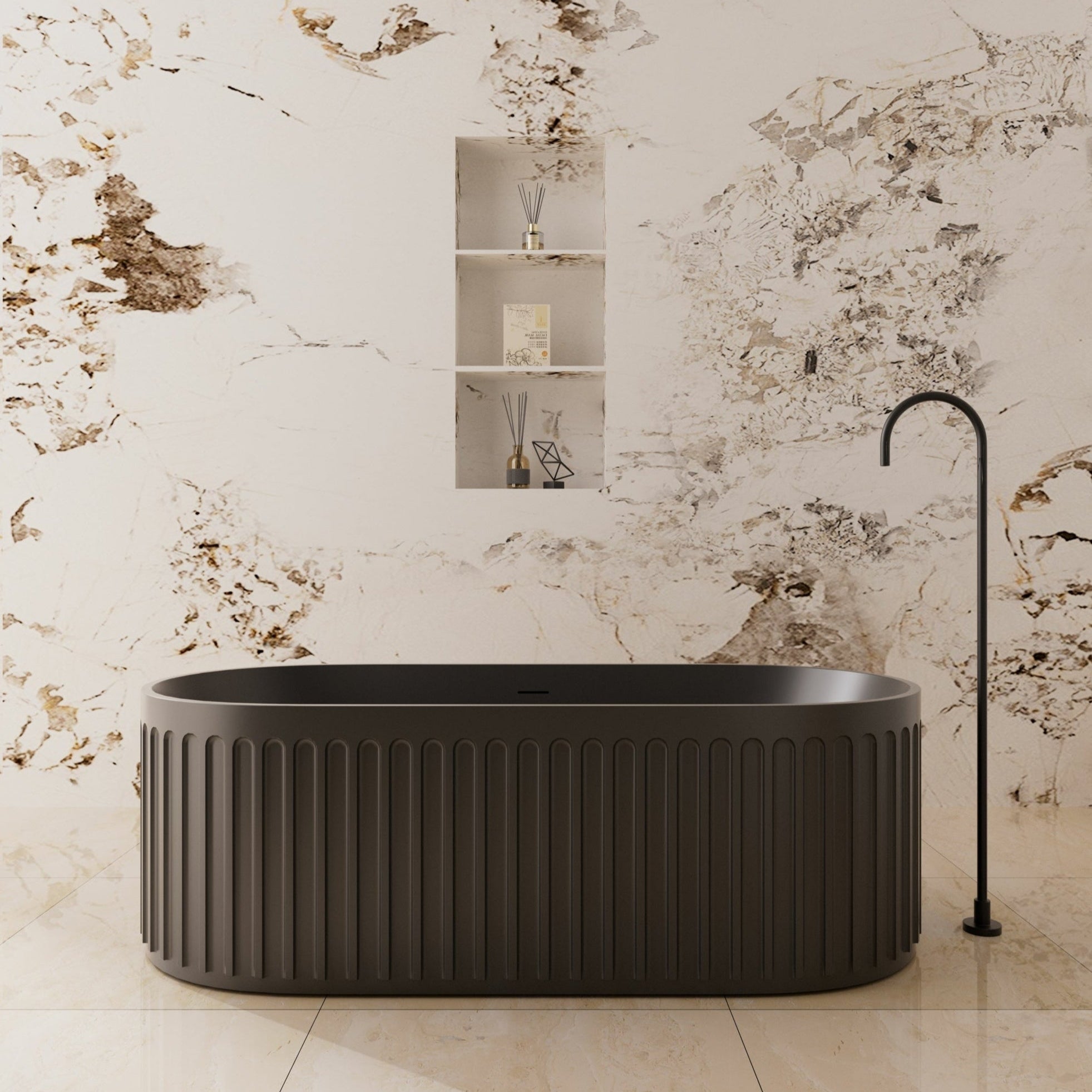 Hot Deal: 1700mm Cascade Solid Surface Stone Bathtub with Overflow (Matte Black)