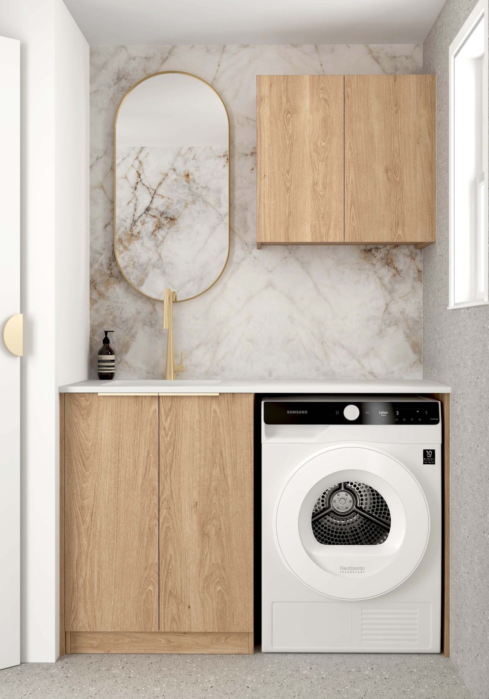 Byron 1305x600x2100mm Natural Oak Laundry Cabinet Set with Stone Top (Style A)
