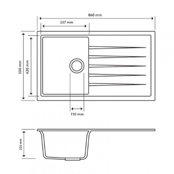 Carysil Vivaldi Metallic Black Granite Kitchen Sink with Drainboard - 860x500mm, Lifetime Warranty!