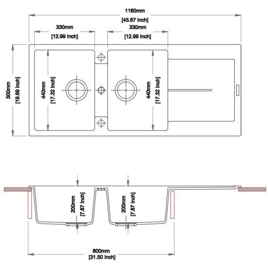 Carysil White Granite Double - Bowl Kitchen Laundry Sink with Drainer Board, Top Mount 1160x500x200mm - Great Value!