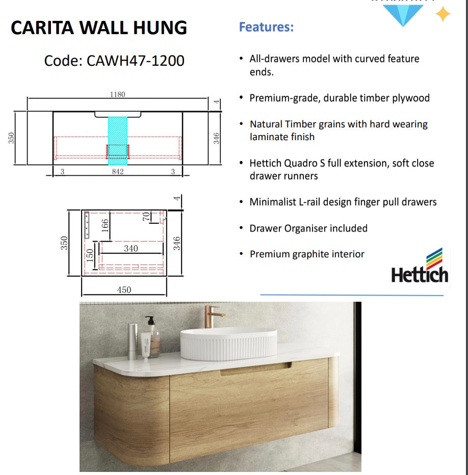 CARITA Natural Oak Wall-Hung Curved Vanity in All Sizes