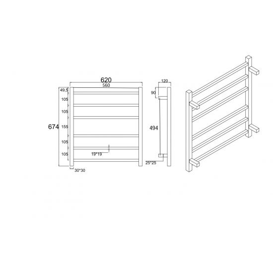 6 - Bar Electric Heated Square Towel Rack in Brushed Yellow Gold