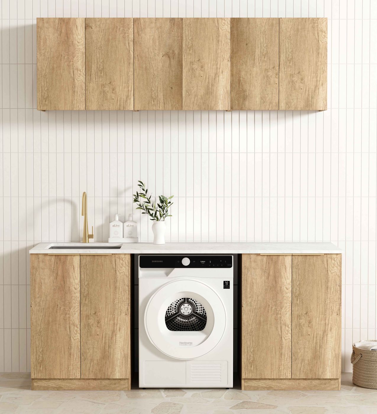 Hot Sale! Byron Natural Oak Style B Laundry Cabinet Set with Stone Top (1960x600x2100mm)