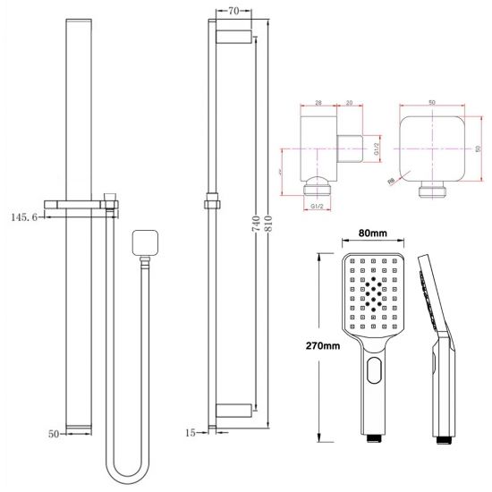Brushed Yellow Gold Square Hand - Held Shower Rail Set with 3 - Function Spray