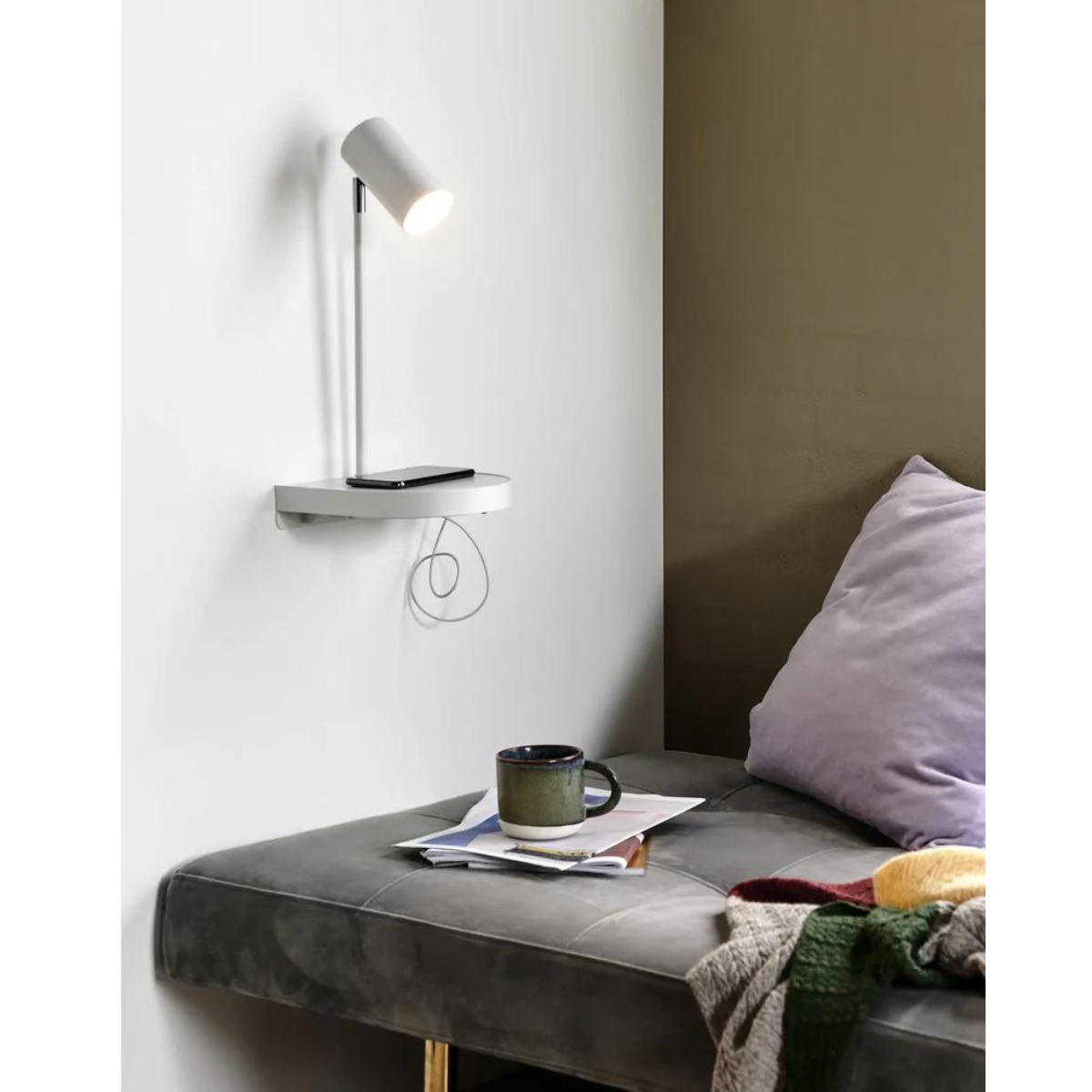 White Compact Multifunctional Cody Wall Lamp with Shelf and USB Charging