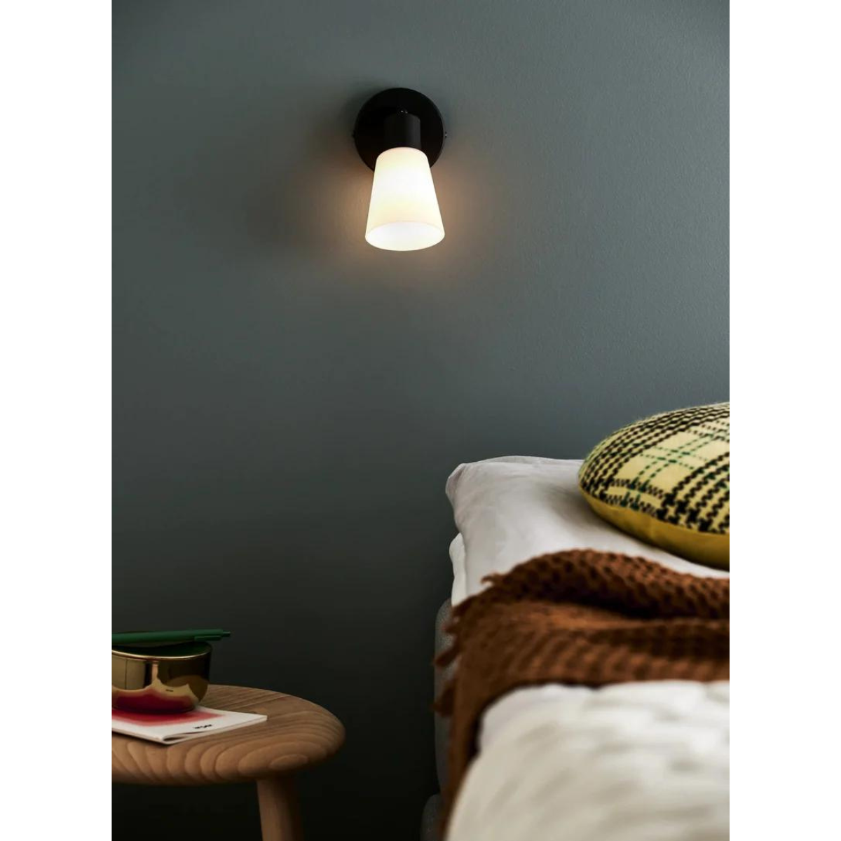 Nordlux Cole Black Wall Light with Adjustable Lamp Head and Opal Glass Shade