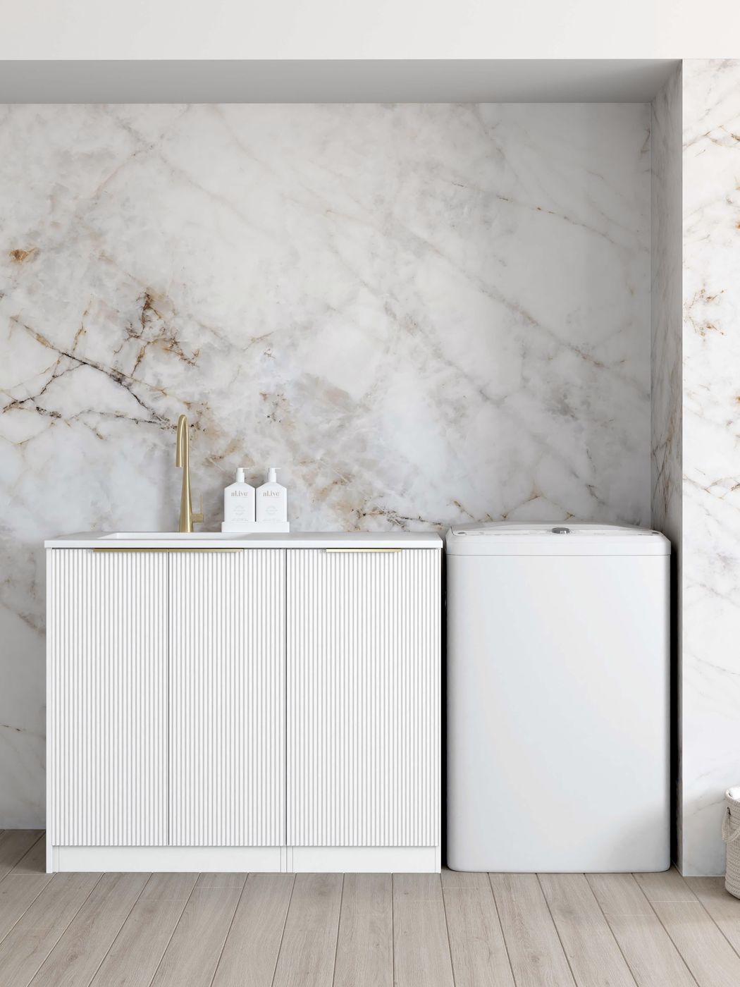 BURLEIGH 1060x600x900mm White Laundry Cabinet with Stone Top - Great Deal!