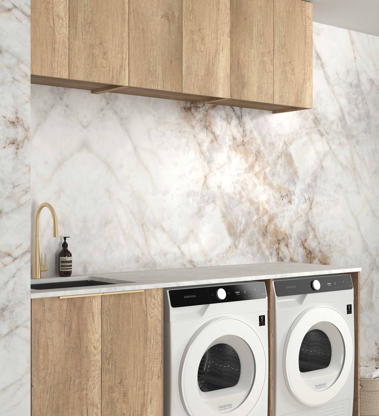 Byron 1960x600x2100mm Natural Oak Laundry Cabinet Set with Stone Top (Style A)