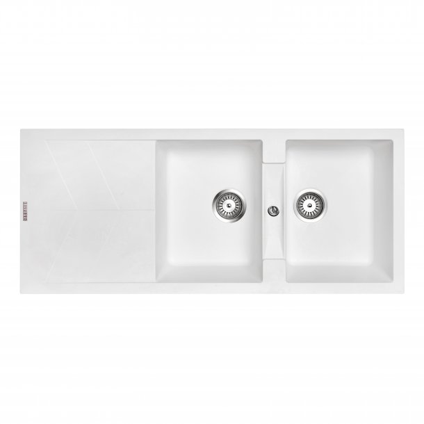 Limited Time Offer! CARYSIL JAZZ Double Kitchen Sink with Drainboard, 1160x500mm White Granite