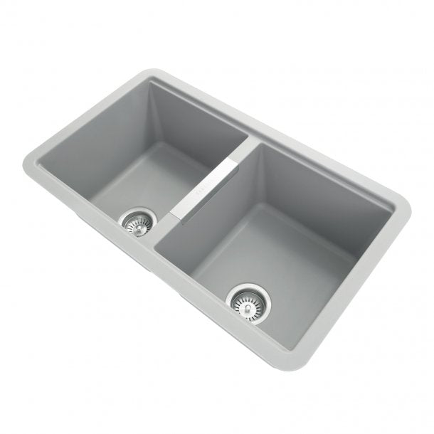 CARYSIL CGDB Concrete Grey Double Under-Mount Granite Kitchen Sink, 824x481mm
