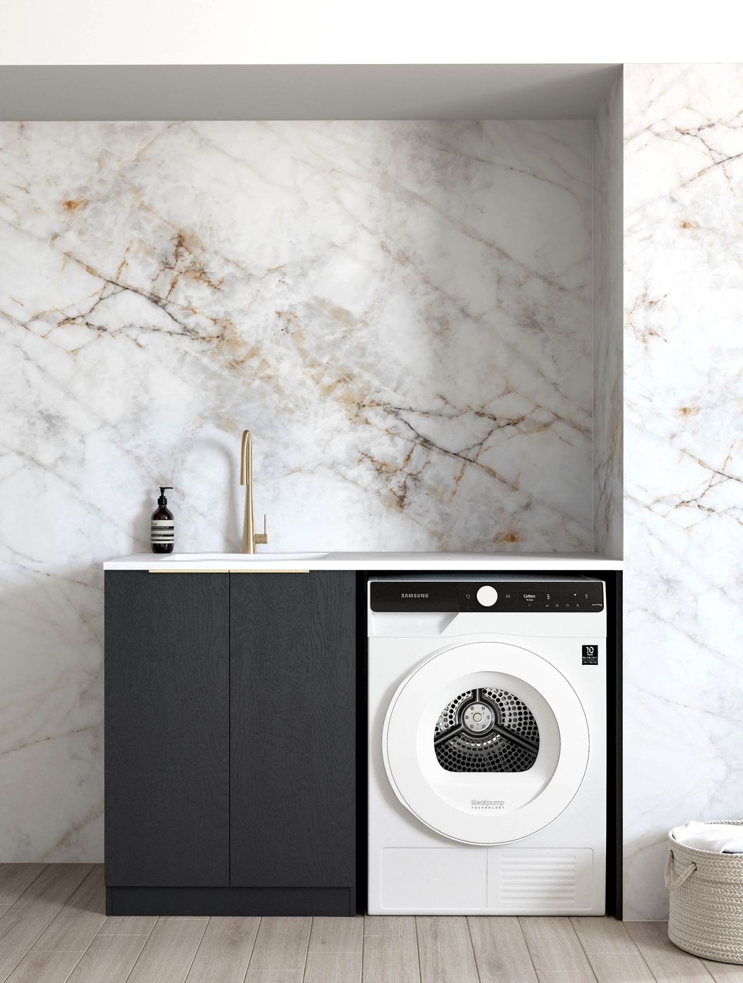 Hot Sale! Byron 1300x600x900mm Laundry Cabinet with Black Oak Base, Stone Top and Sink