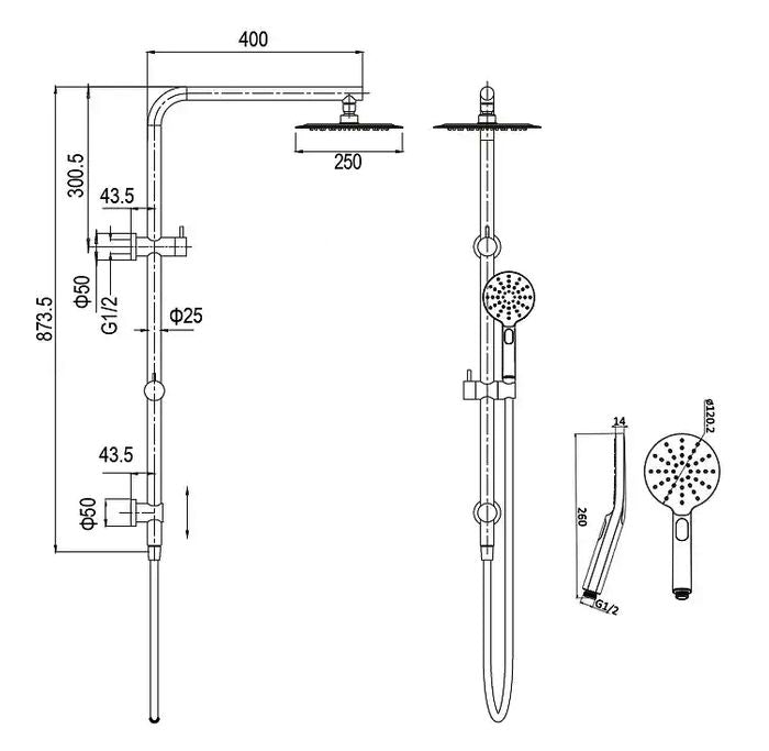 PAVIA Twin Brushed Gold Round Shower on Rail with 250mm Top Inlet
