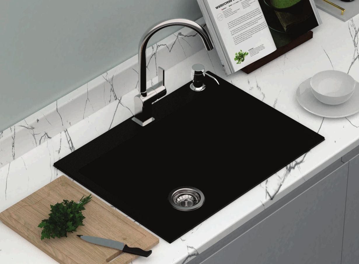 Carysil Metallic Black Granite Kitchen Sink - Top/Under Mount, 680 x 500 x 220mm, Lifetime Warranty!