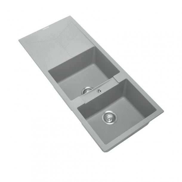 CARYSIL JAZZ Concrete Grey Double Kitchen Sink with Drainboard, 1160x500mm, German Engineered