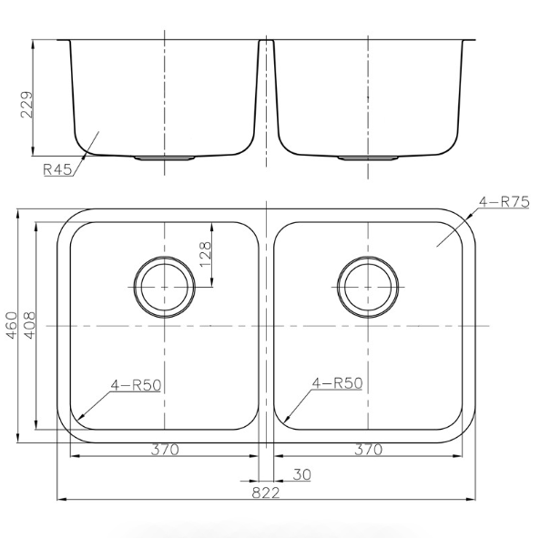 Otus Chrome Double Bowl Undermount Kitchen Sink - 822x460x230mm, 15-Year Warranty