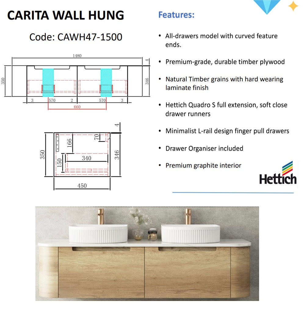 CARITA Natural Oak Wall-Hung Curved Vanity in All Sizes