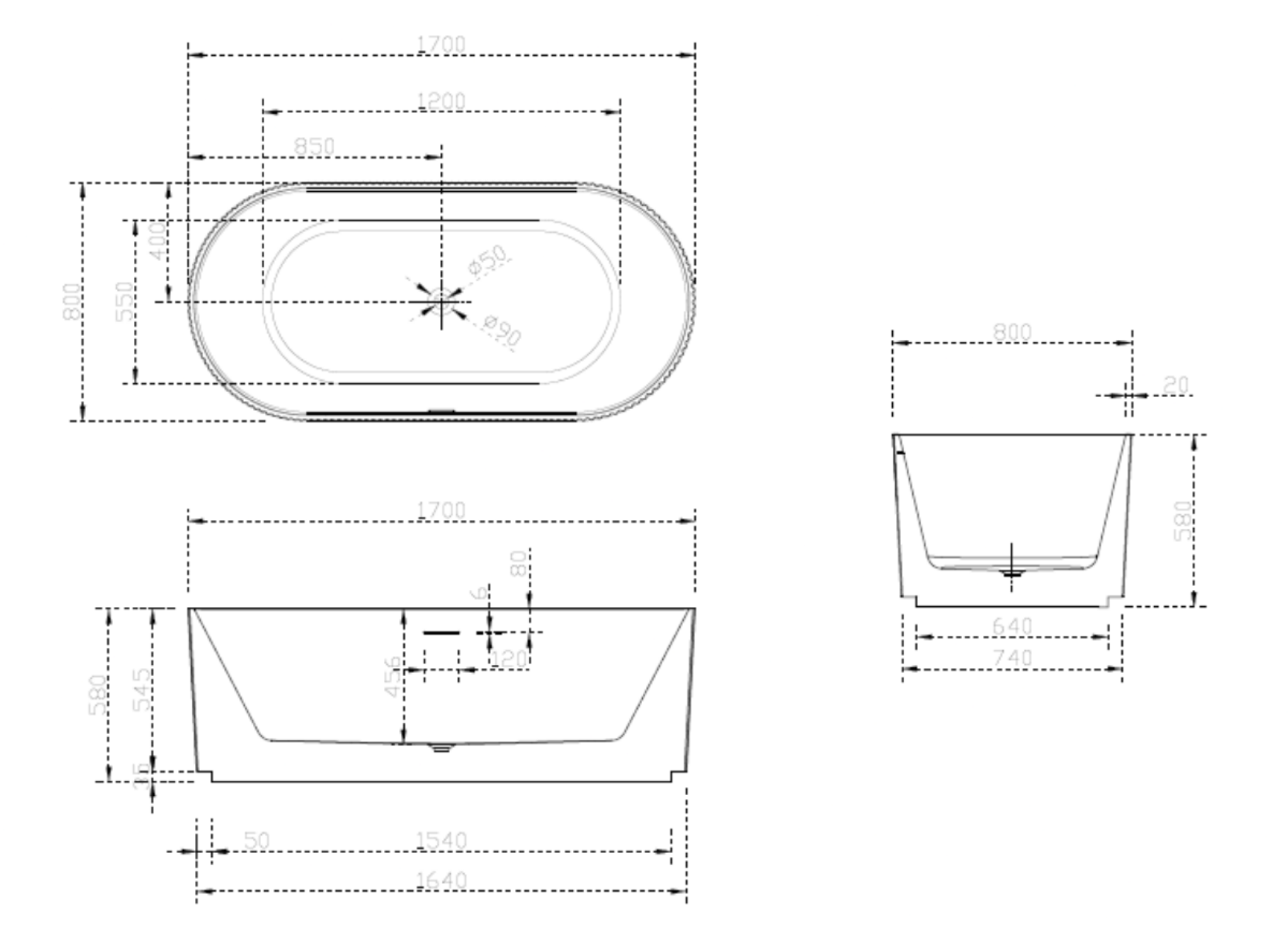 Hot Sale! Oslo Freestanding Acrylic Bathtub in Matte White & Black, 1500/1700mm