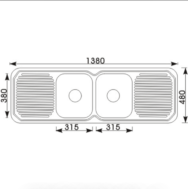 Chrome Cora Double Bowl with Double Drainer, 1380 x 480 x 170mm