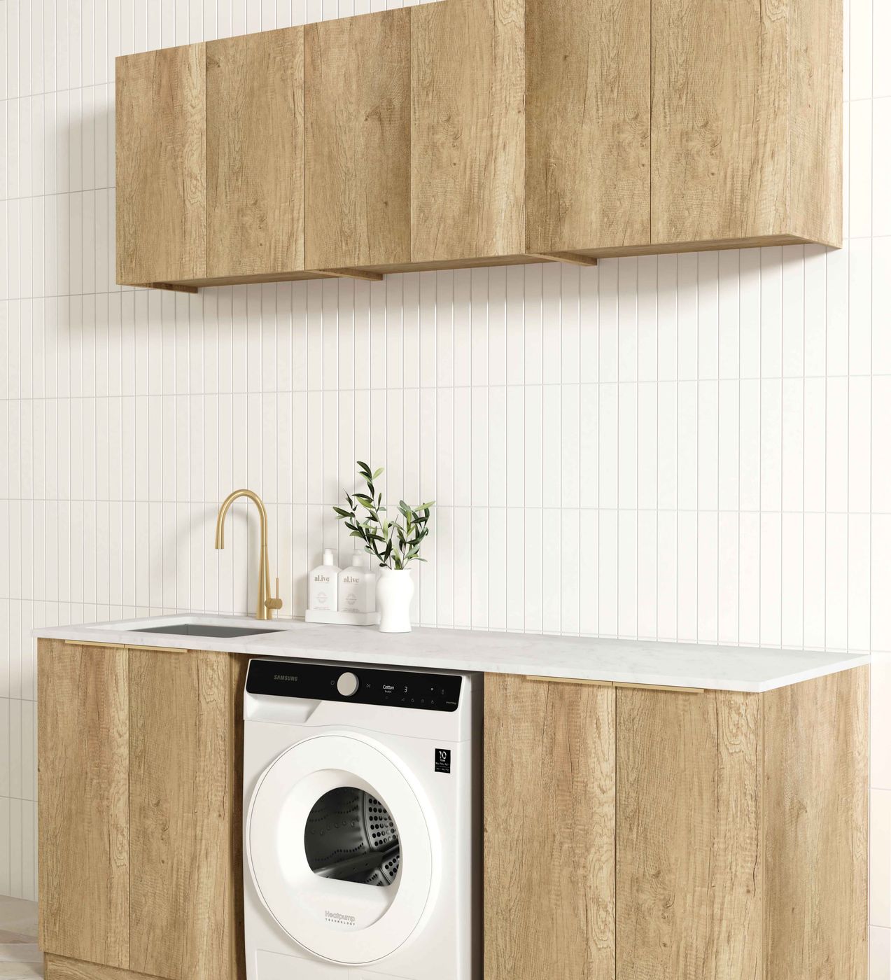 Hot Sale! Byron Natural Oak Style B Laundry Cabinet Set with Stone Top (1960x600x2100mm)