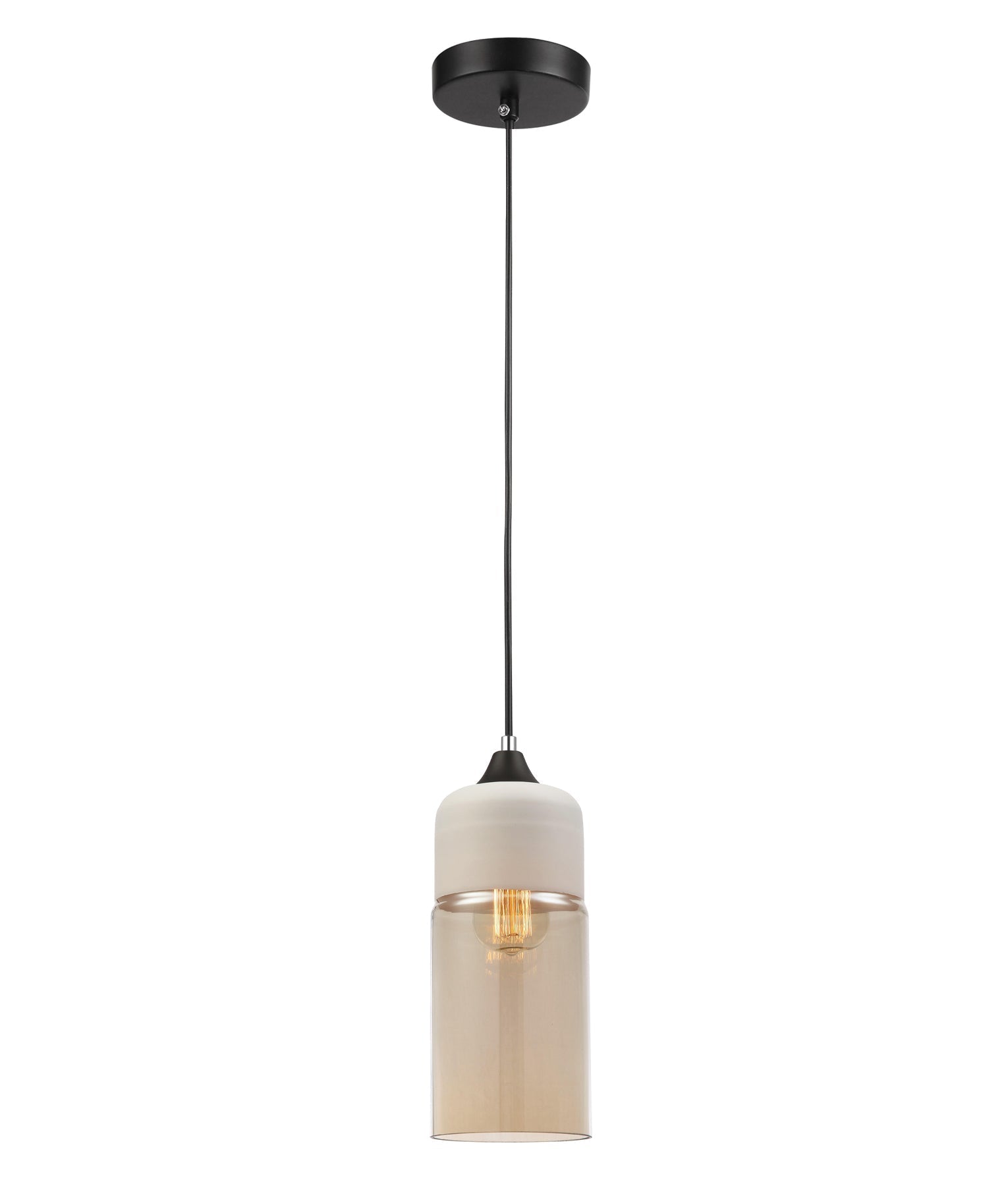 Retro-Style White Pendant Light with Amber Oblong Glass Shade