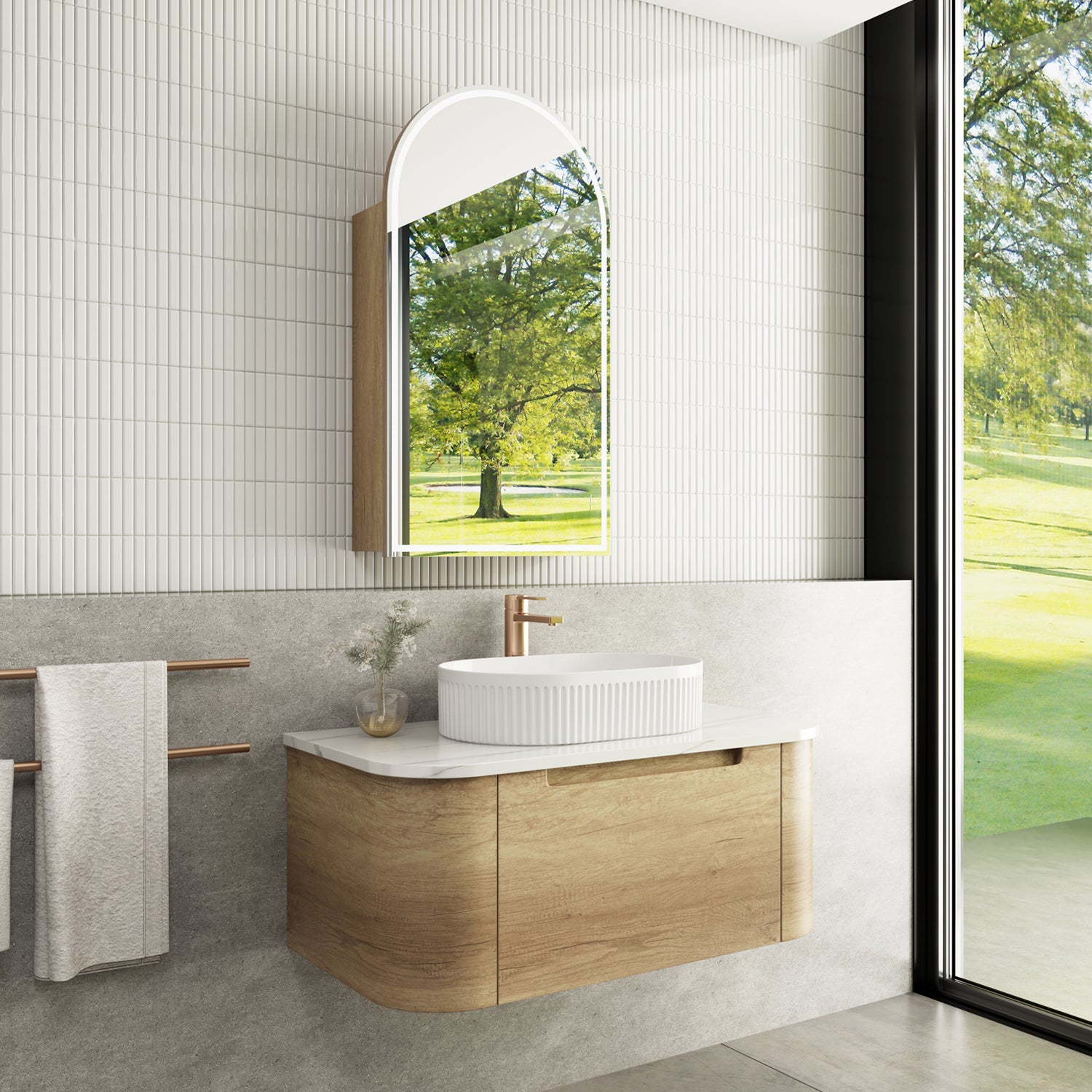 CARITA Natural Oak Wall-Hung Curved Vanity in All Sizes
