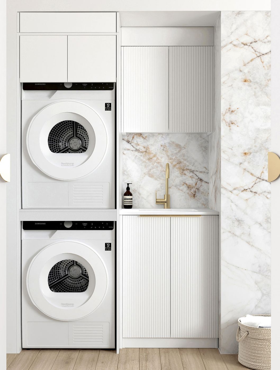 Hot Deal! BURLEIGH White Laundry Cabinet Set with Stone Top, 1305x600x2100mm (Style C)