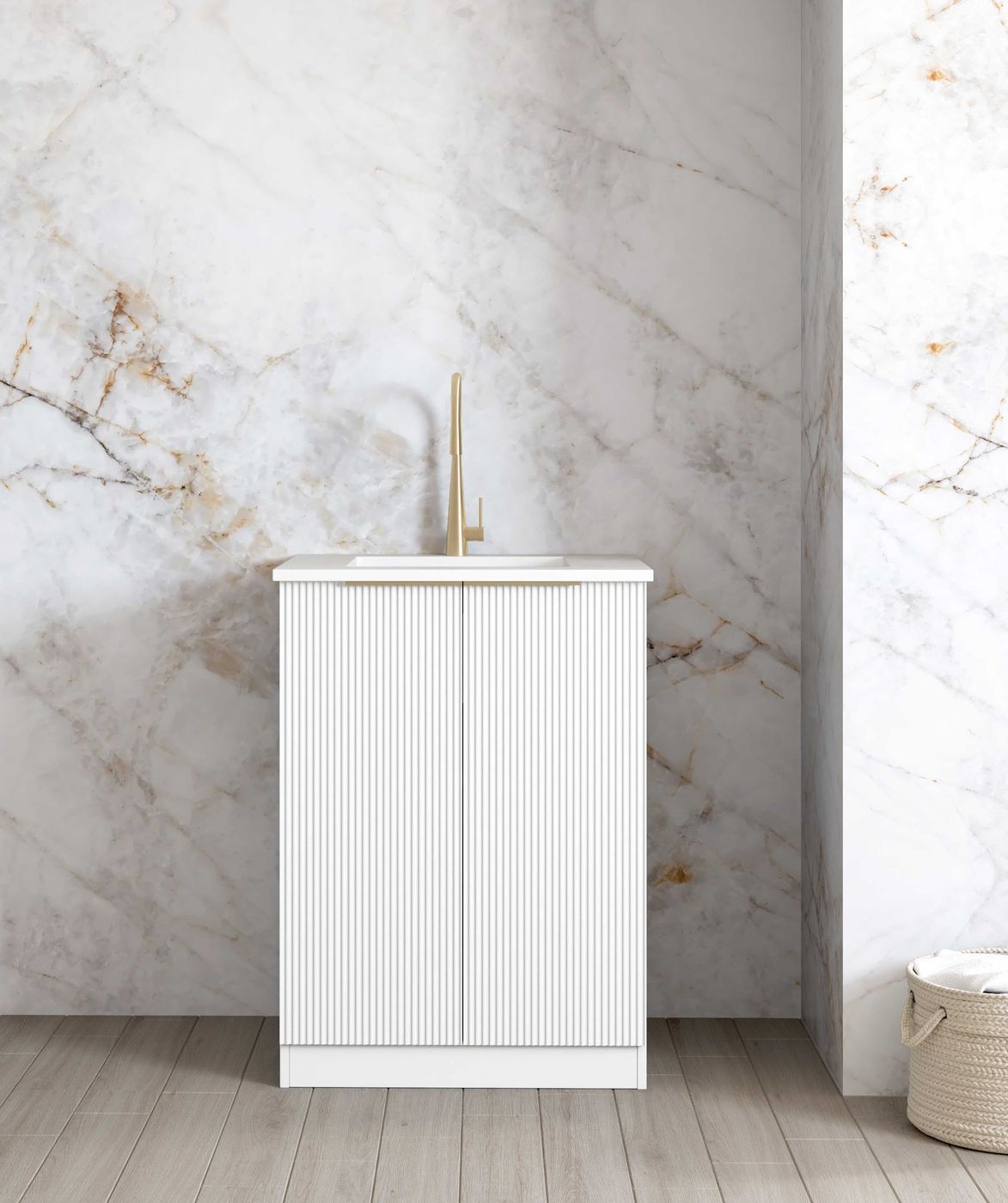 Hot Deal! BURLEIGH White Mini Laundry Cabinet Set with Stone Top (Style A)