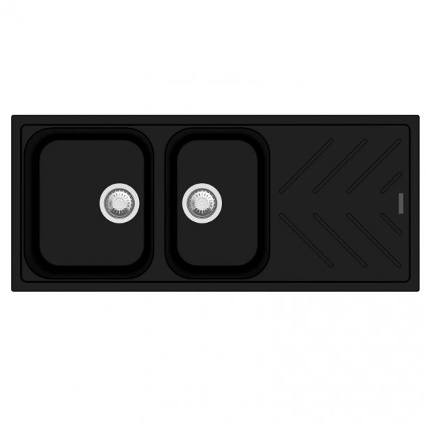 CARYSIL BEETHOVEN Black Granite Kitchen Sink with Drainboard - 1160x500mm, Lifetime Warranty