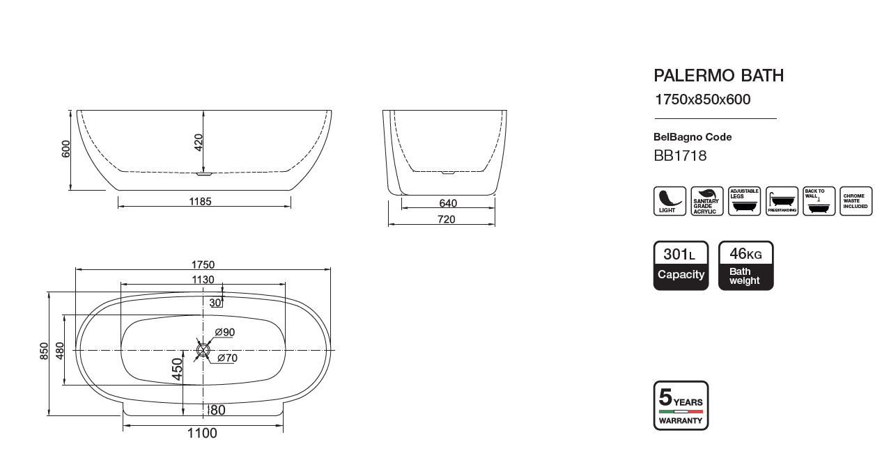 PALERMO High - Quality Freestanding Non - overflow Bathtub Available in 1650mm and 1750mm Sizes